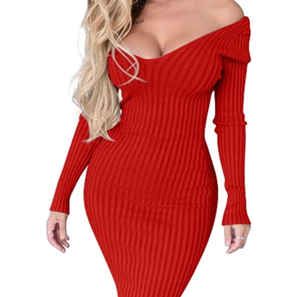 - - 💕 RED Women's Sexy Long Sleeve Off Shoulder Knit Bodycon Long Dress *NEW* - Picture 3 of 6